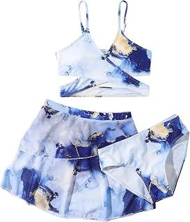Girl's 3 Piece Marble Print Crisscross Bikini Swimsuit with Beach Skirt Coverup