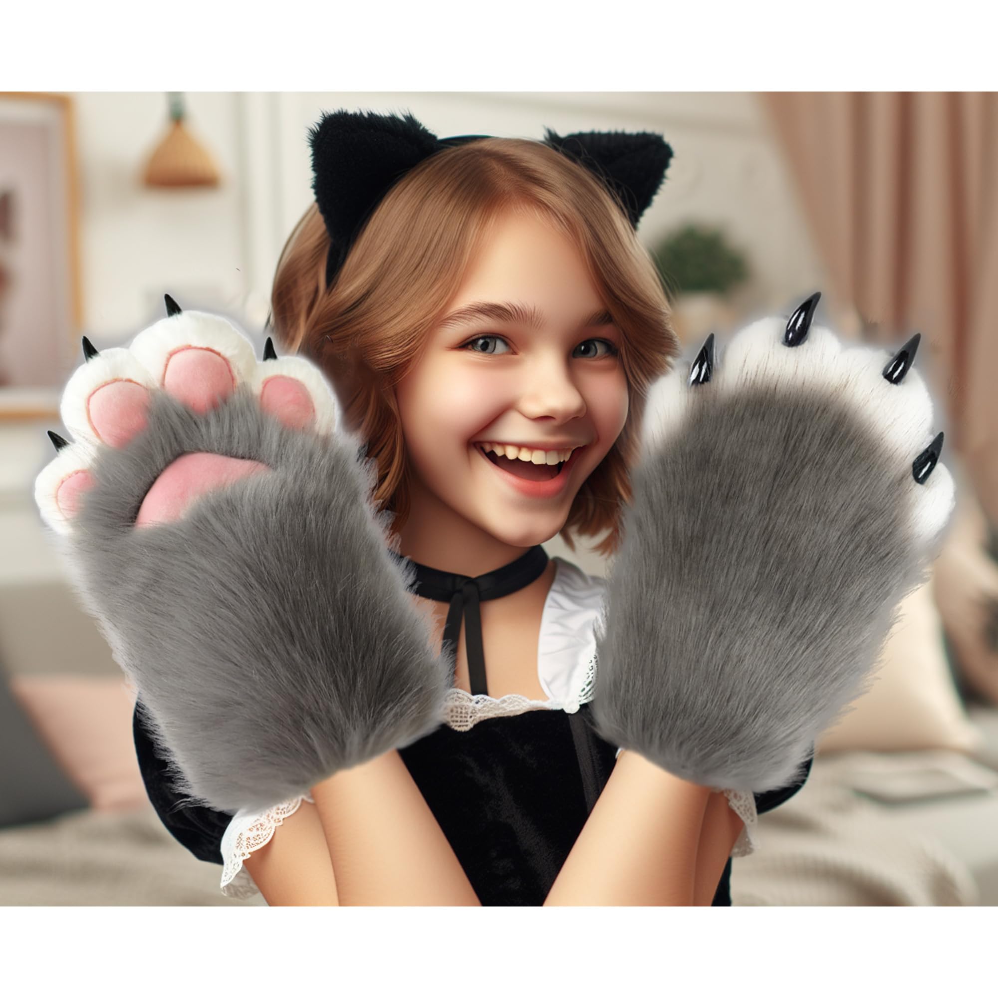 Grey Therian Furry Paws With Claws - Faux Fur Comfy Gloves for Cosplay Costume - Fluffy Fox and Wolf Accessories - Image 4