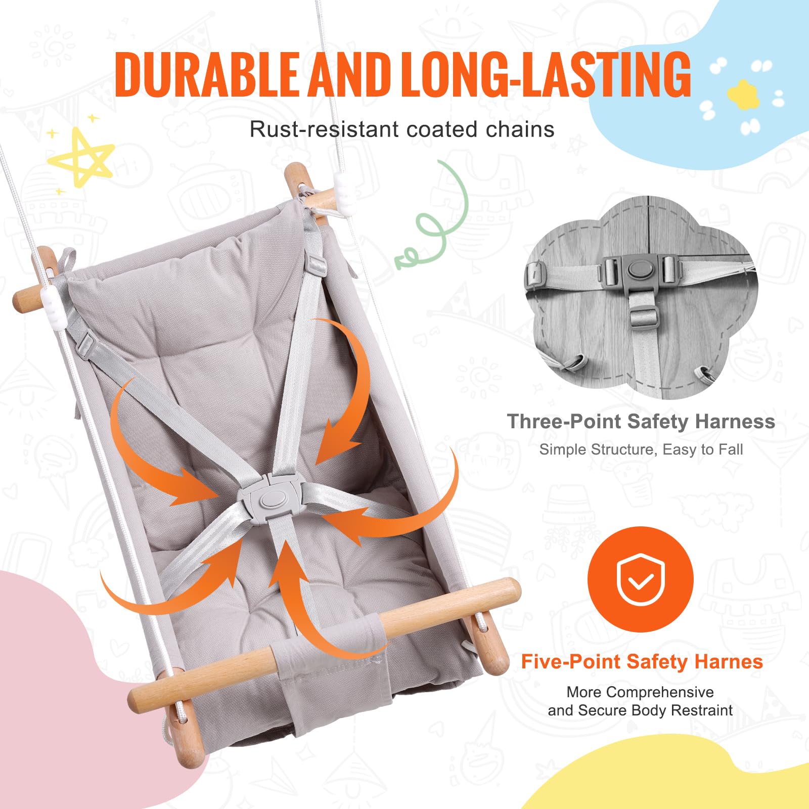VEVOR Balançoire Hamac Bébé 3 Modes, 68 kg, Harnais 5 Points, Intérieur Extérieur