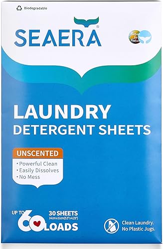 Sea Era - Hojas de detergente 3 en 1 para ropa, suavizan, limpian y protegen los gérmenes, sin perfume, 60 cargas, ecológicas, respetuosas con la