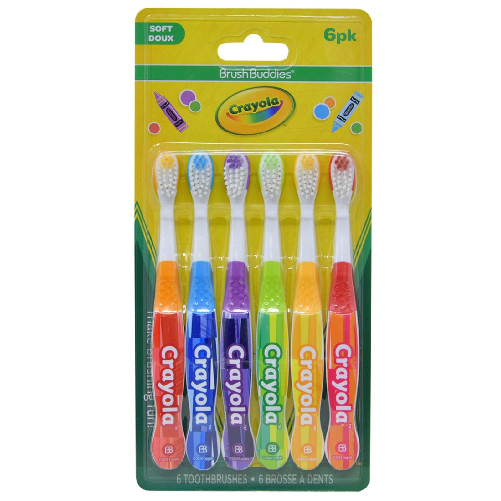 Brush Buddies Crayola Kids Toothbrushes 6PK Soft Manual Toothbrushes for Toddlers Children Ages 2-4 BPA-Free Colorful Designs Gentle
