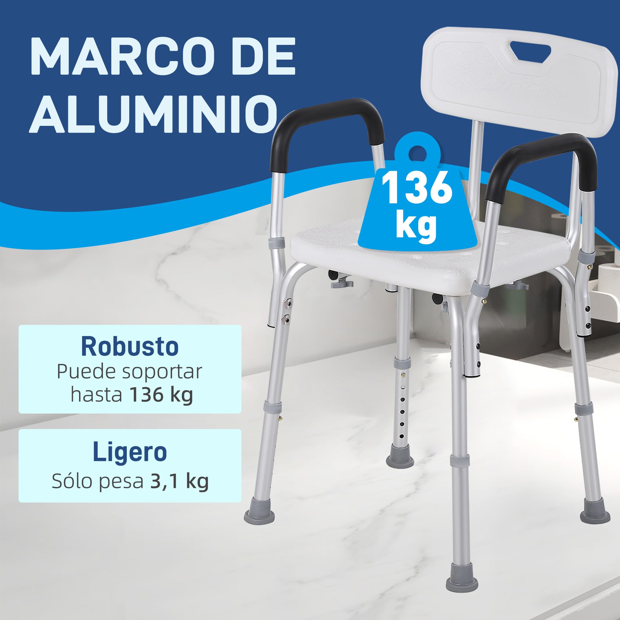HOMCOM Silla Ducha Personas Mayores Antideslizante con Altura Ajustable | Taburete Ducha, Reposabrazos Regulable, Carga 136 kg, Ancianos Discapacitados, Silla para Baño