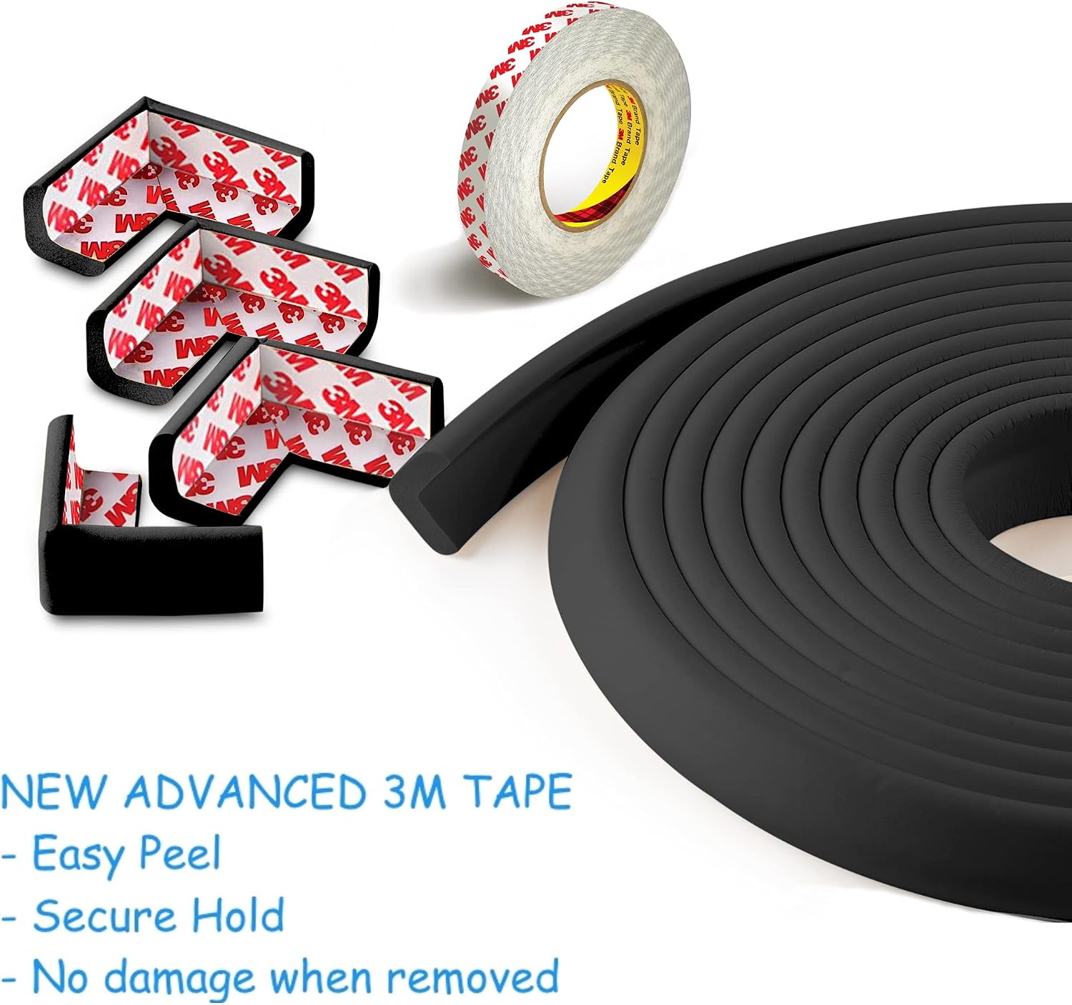Furniture Edge and Corner Guards | 16.2ft Protective Foam Cushion | 15ft Bumper 4 Adhesive Childsafe Corners | Baby Child Proofing Foam Set and Safe for Table, Fireplace, Countertop | Black
