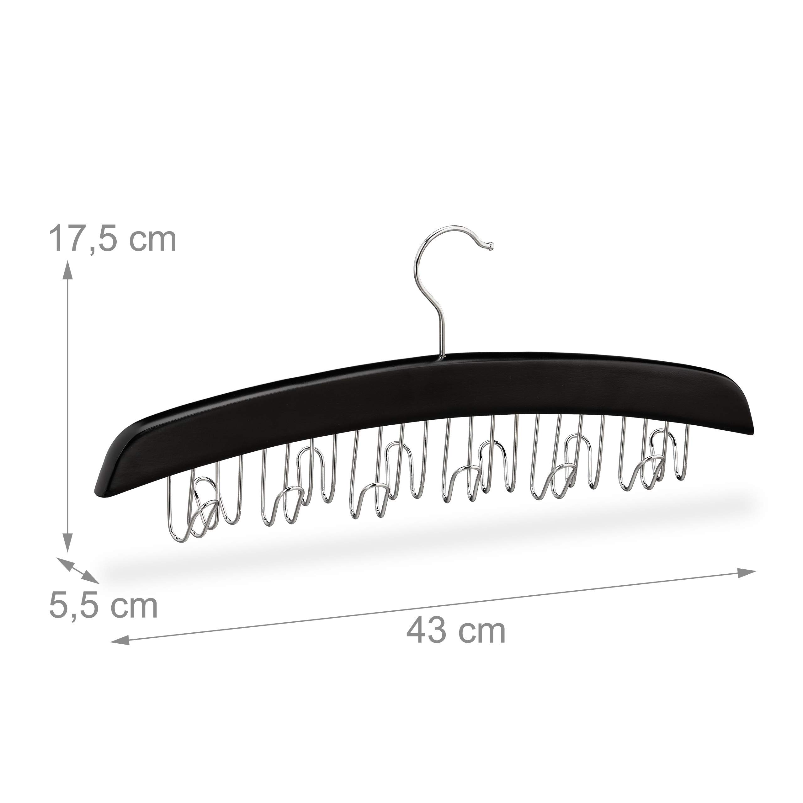 Set 4 Perchas Cinturones 12 Ganchos, Colgador Giratorio para Accesorios, Madera, 17,5 x 43 x 5,5 cm, Negro y Plateado