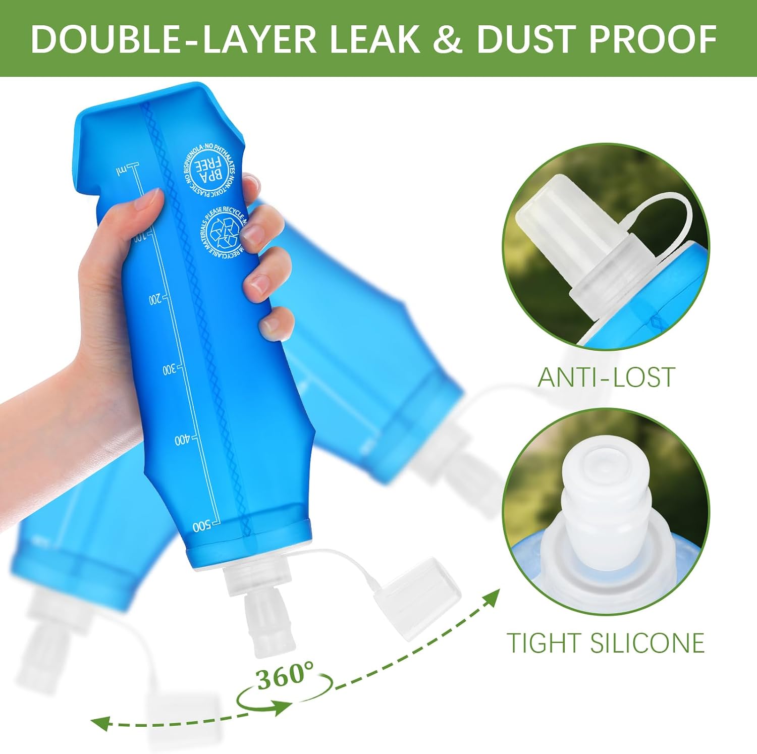 Euqvunn 2 Pièces Gourde Souple - TPU Sans BPA, 500 ML Flasque Running d'Eau Réutilisable - - Analyse des détails et conception