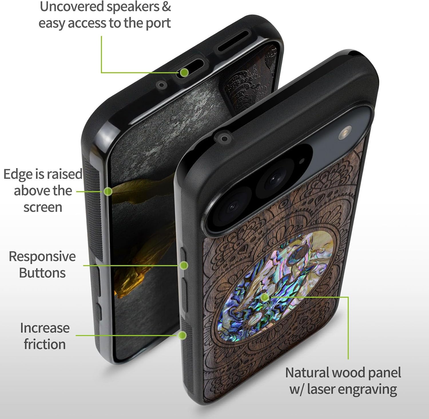 Carveit Magnetic Wooden Case for Google Pixel 9 Case, Wood Artisan Engraved & Handmade Shell Inlaid, Compatible with MagSafe Wireless Chargers, Shell Yin Yang Wolf - Walnut