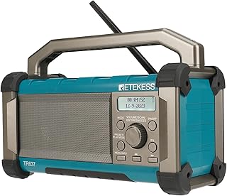 Retekess TR637 Jobsite Radio, FM Am Worksite rádio com bateria potente de 5000 mAh, IP54 à prova de pó e impermeável, alça de transporte, altifalante alto, adequado para trabalhar