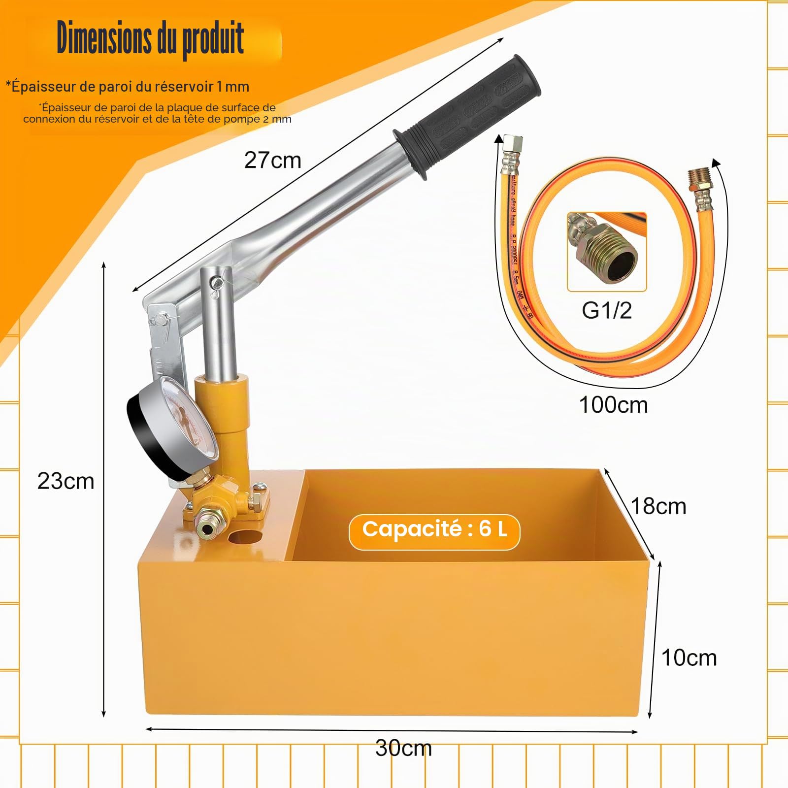 Pompe à pression manuelle 25 kg Pompe de test Pompe de remplissage avec une capacité de 6 litres 1/2 pouce pour tuyau d'eau de chauffage solaire