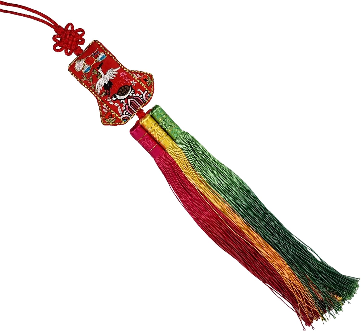 Korean Turtle & Crane Norigae - Traditional Embroidered Good Luck Charm with Tassel - Hanbok Pendant Accessory (Blue)
