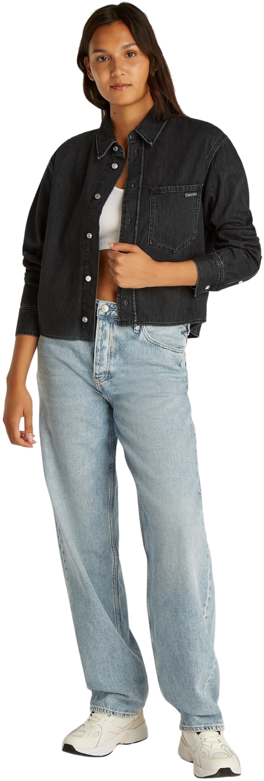 Calvin Klein Damen Jeanshemd Cropped Dad Denim Shirt mit Brusttasche