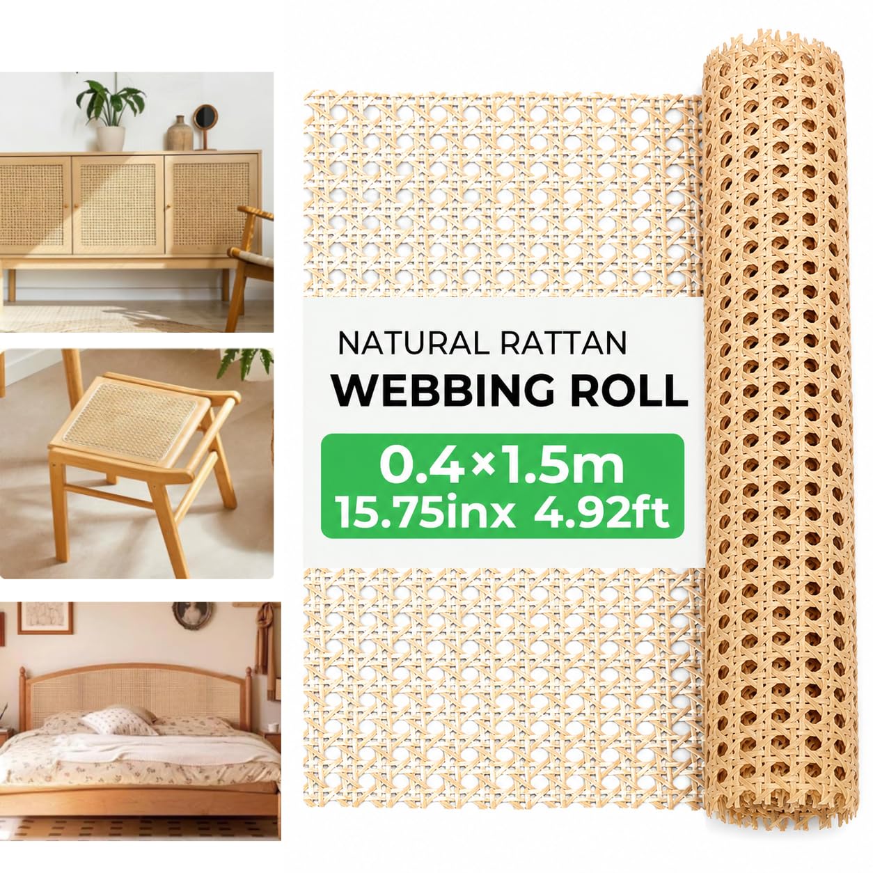 Natural Rattan Webbing Roll, 15.75inx 4.92ft, Woven Open Mesh Cane Sheet