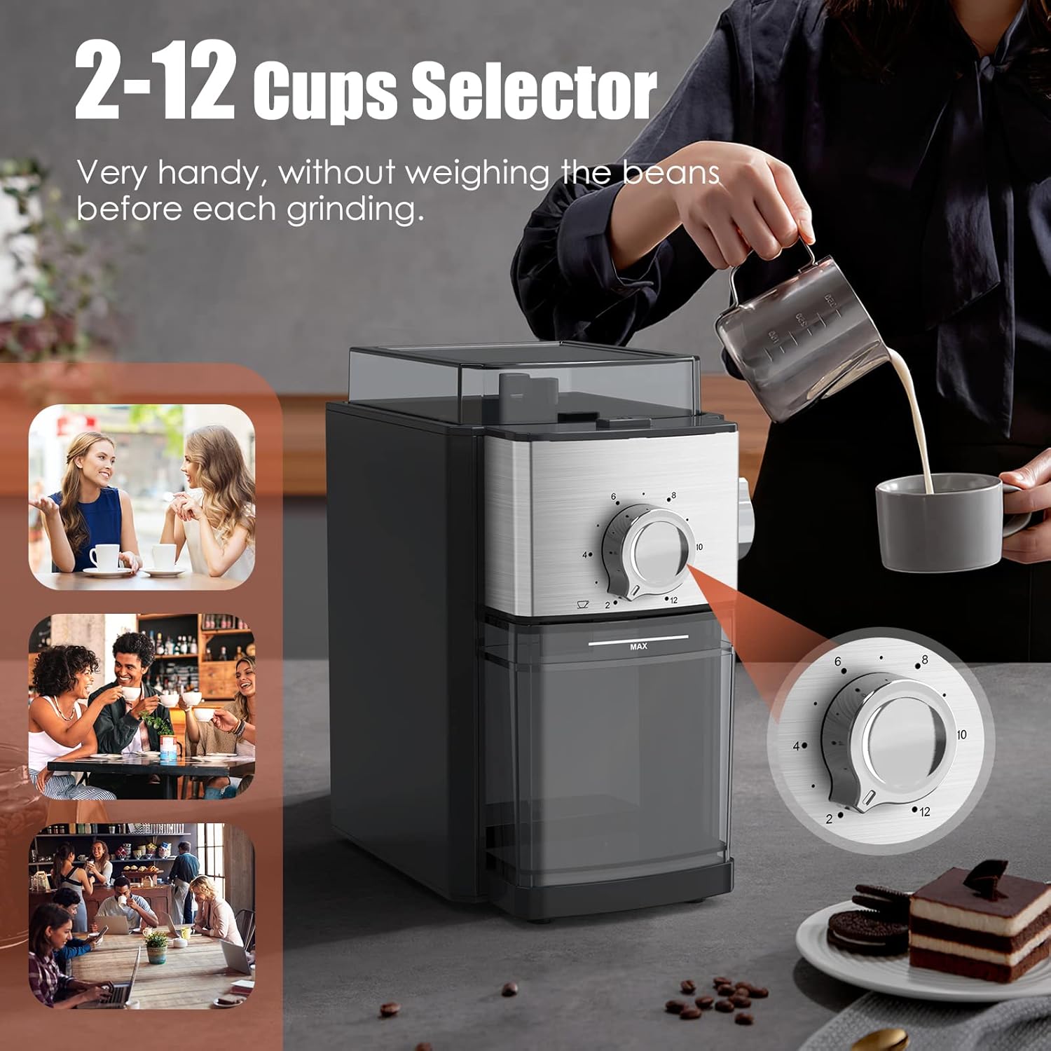 2-12 cups selector on the CHEFFANO coffee grinder