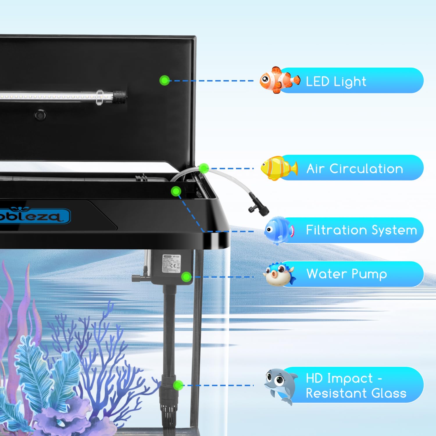 Nobleza - 54L Petit Aquarium Complet avec Système de Filtration Intégré et Éclairage LED, Noir, Aquariums d'Entrée de Gamme