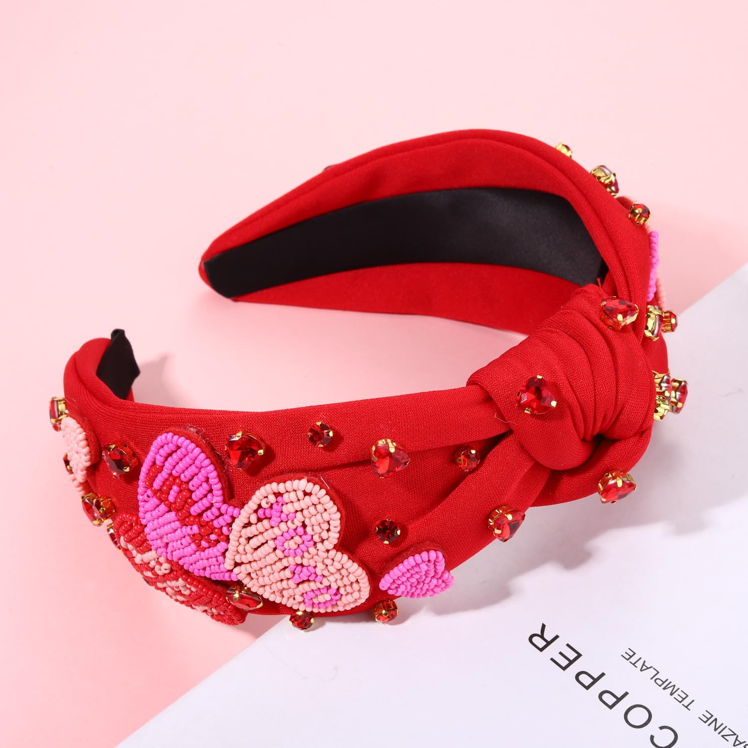 Valentine's Day Headbands for Women Rhinestone Beaded Heart Headband Pink Red Crystal Knotted Headband Valentine's Day Hair Accessories Party Decor Gifts (Beaded Heart A) - Image 6