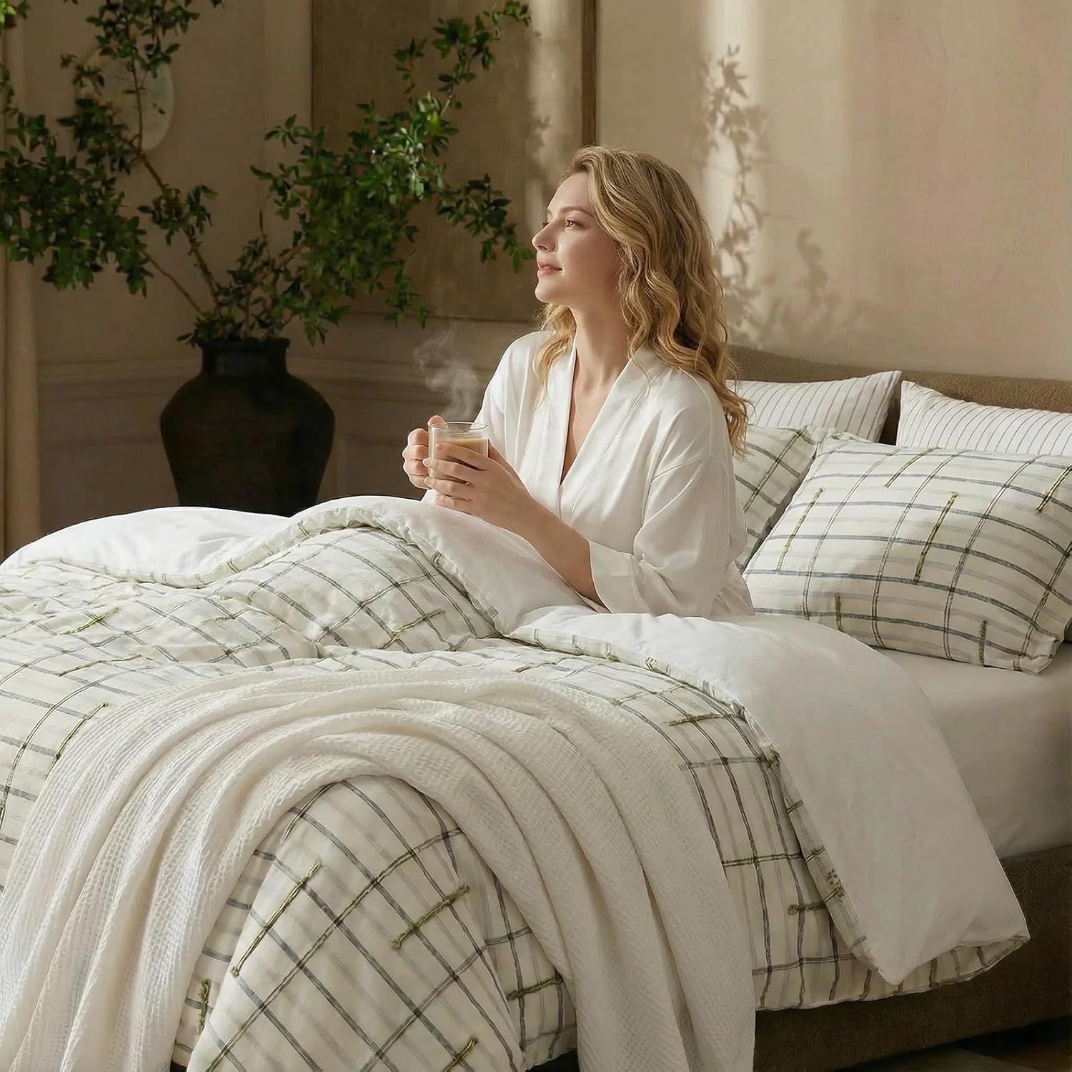 100% Cotton Duvet Cover Set King Size, Neutral Grid Striped Tufted Duvet Cover, Soft Breathable Comforter Cover with Zipper Closure, Modern Minimalist Bedding Set