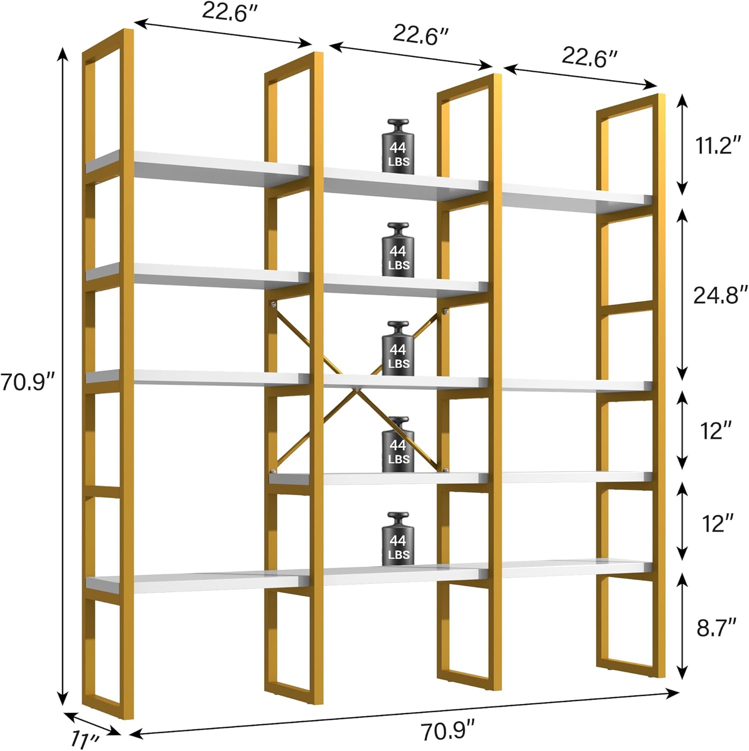 Semoic Large Bookshelf 5 Tiers, Triple Wide Geometric Bookcase, 71 Inches Tall Industrial Book Shelves Etagere Book Case, Sturdy Metal Frame, Freestanding Display Shelving Unit (Gold and White)