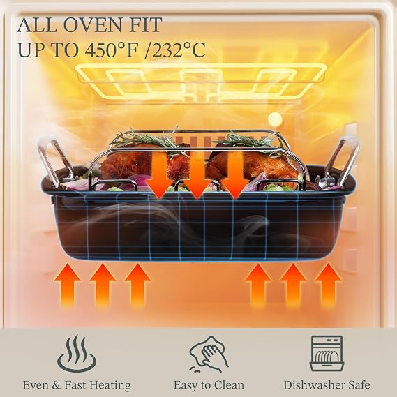 KITESSENSU Large Roasting Pan with Rack - 25 LB Nonstick Turkey Roaster Pan for Oven - Heavy Duty Carbon Steel Roasting Pan with Wider Handles for Chicken, Vegetables & Holiday Meals, Gray