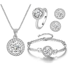 Women 4Pieces Cubic Zirconia Jewellery Set Rhinestone Necklace Earrings Bracelet Ring