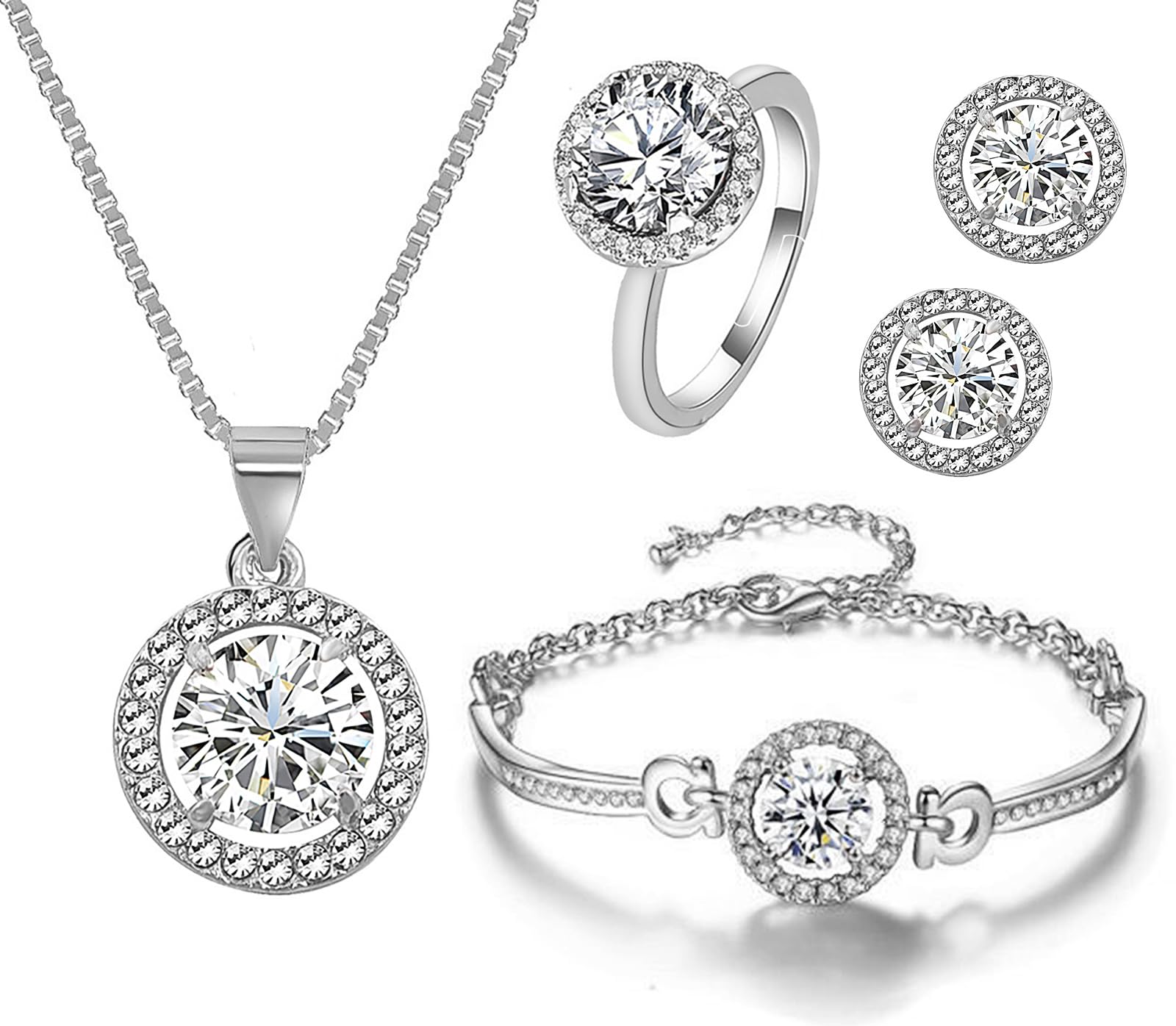 Wovanoo Women 4Pieces Cubic Zirconia Jewellery Set Rhinestone Necklace Earrings Bracelet Ring