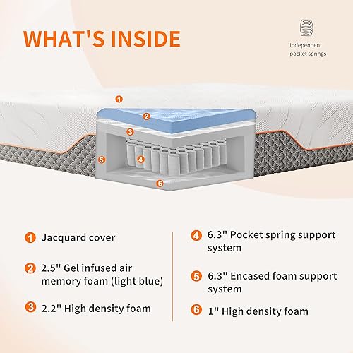 Miniatura 3 de ESHINE Colchón híbrido de espuma viscoelástica de 12 pulgadas, tamaño Queen, 609 resortes interiores independientes de bolsillo, colchón Queen en