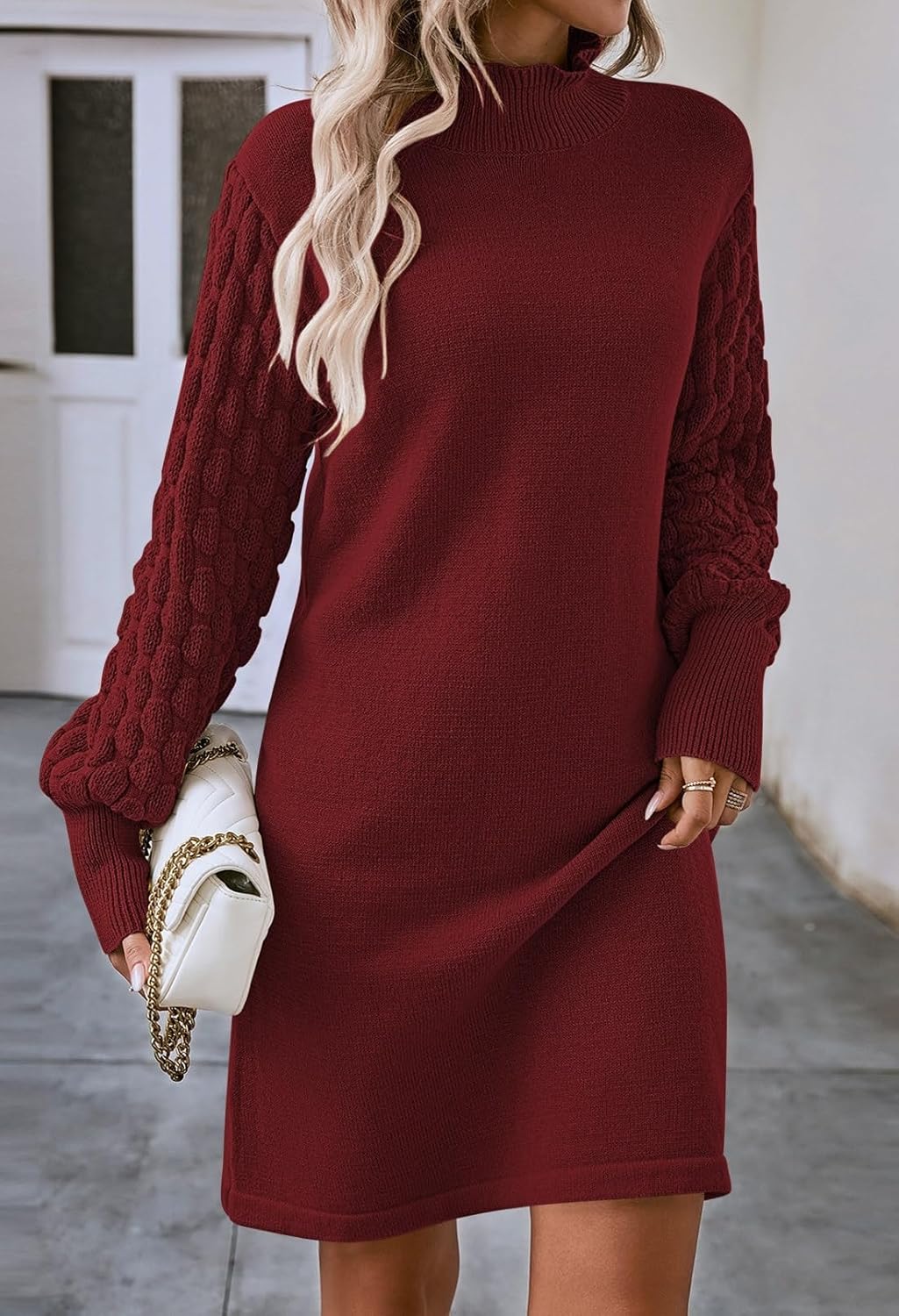 HUUSA Winter Dresses for Women 2025 Fall Puff Long Sleeve Sweaters Loose Mock Neck Outfits Sexy Mini Dress Going Out - Image 5