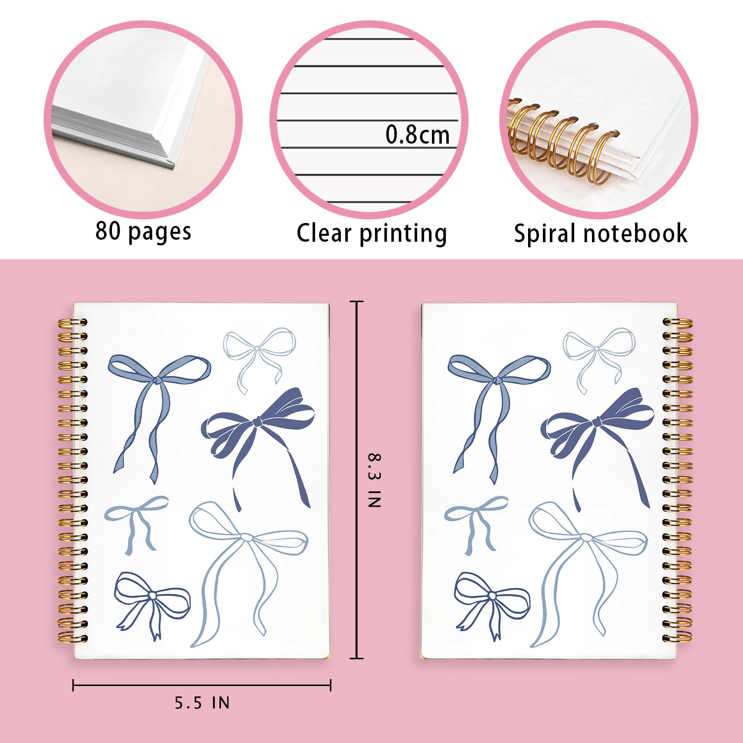 Blue Coquette Bow Notebook, Preppy Girly Notebook per prendere appunti, Diario alla moda con fiocco blu, diari estetici per scrivere, forniture per ufficio Coquette Girly, 14,9 x 20,3 cm