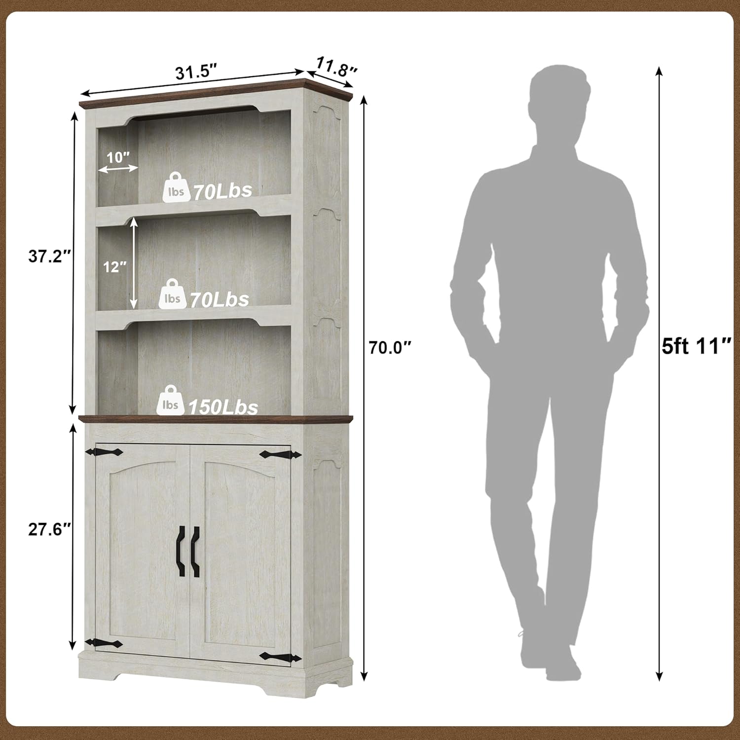 Tall Bookcase, 70 inch Height, 5-Tier Open Storage Shelf, 31.5 in Wide Standing Bookshelves for Home, Office, Bedroom, School, Library, 31.5W * 11.81D *70H (White Espresso, Wooden Door)