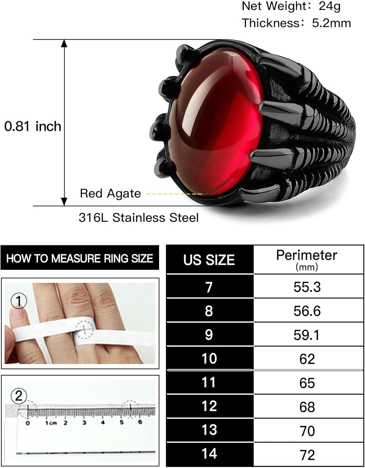 Men's Stainless Steel Dragon Claw Ring - Gothic Biker Style with Black/18K Gold Finish, Red/Black Gemstone, Crystal Stone Signet Ring Punk Jewelry, Size 7-14, Includes Gift Box - Image 6