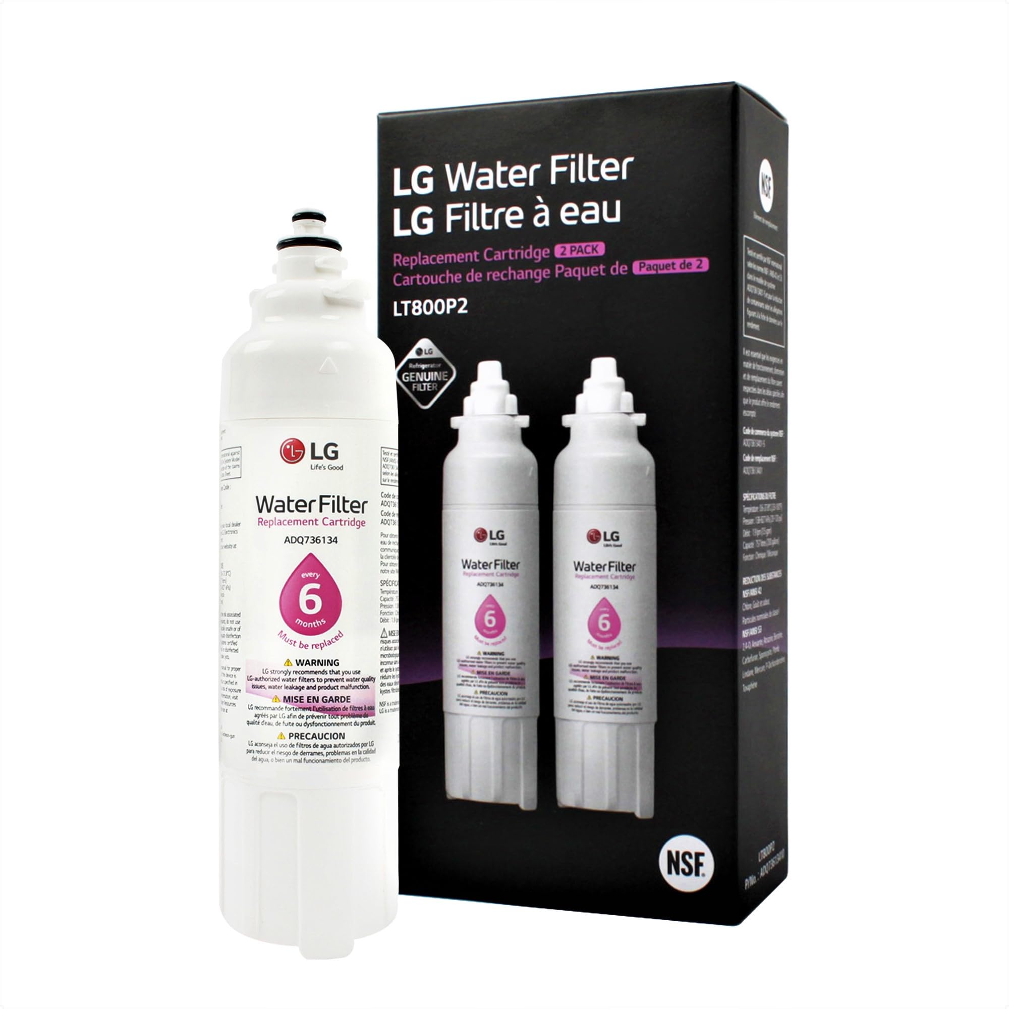 LG LT800P2 6-Month / 200 Gallon Refrigerator Replacement Water Filter, 2 Count (Pack of 1), White
