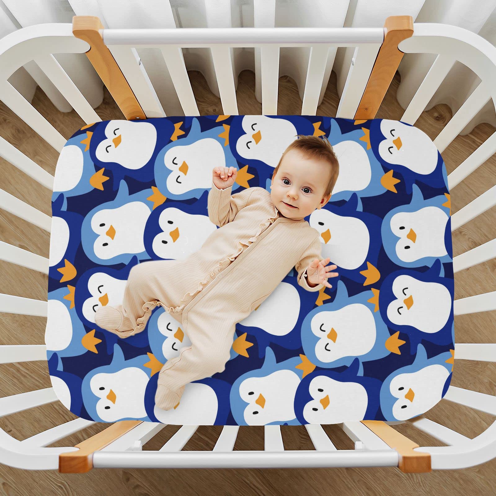 Spannbettlaken für Kinderbett, niedliches Pinguin-Muster, weich, atmungsaktiv, pflegeleicht, Spannbetttuch für Babybett und Kinderbetten
