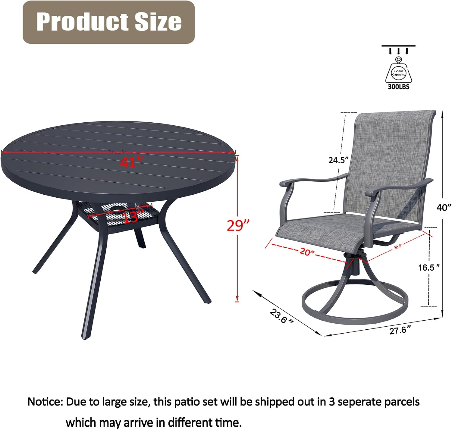 MEOOEM 5 Piece Patio Table Set for 4, Modern Round Outdoor Table and Swivel Chairs 450LBS, All Weather Heavy Duty Outdoor Patio Table and High Back Chairs for Outside, Deck, Garden, Backyard, Grey