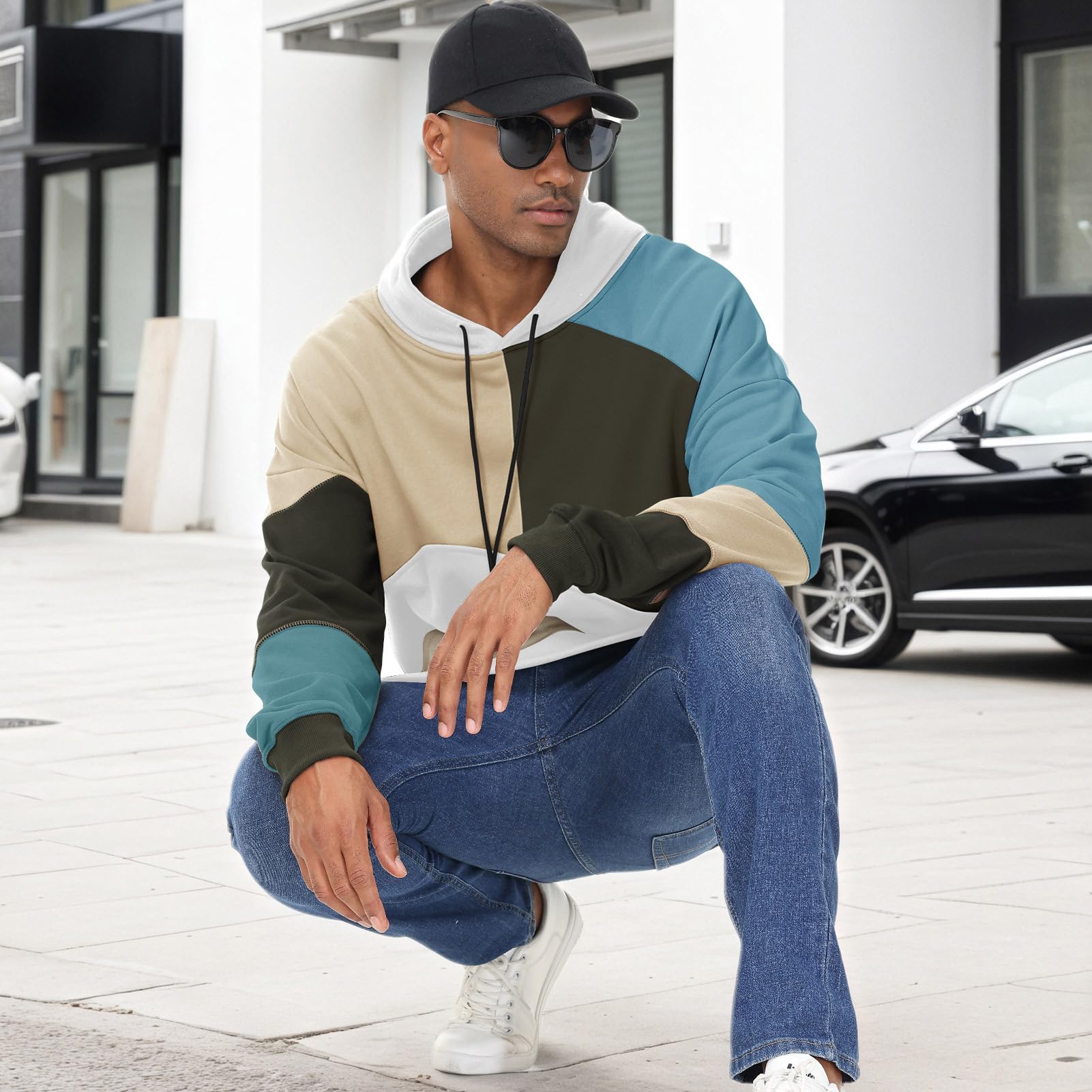 Felpa da Uomo con Cappuccio Techwear Hip Hop Unisex Streetwear Patchwork Jumper Sportiva Maglia