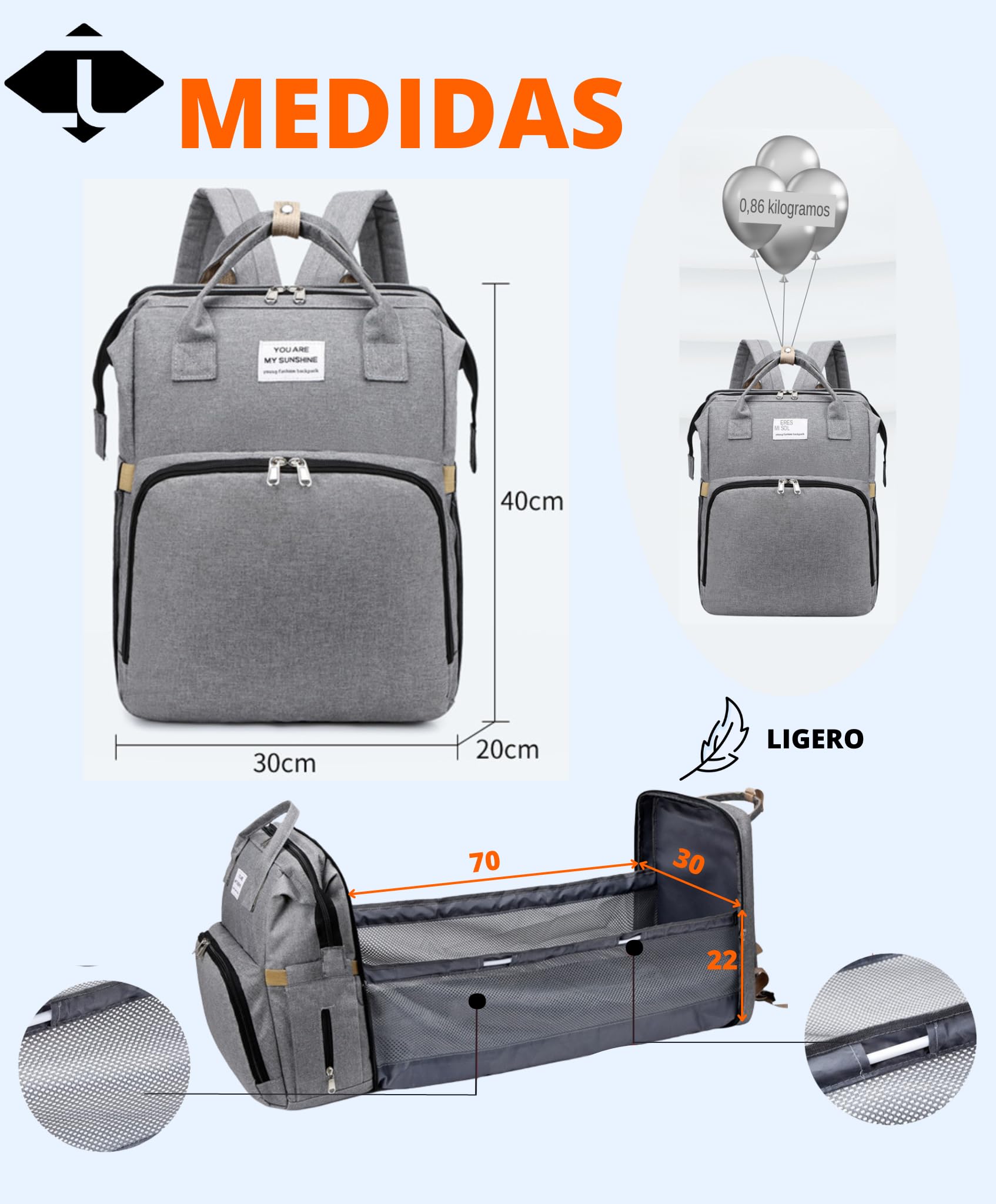MOCHILA y PAÑALERA BEBÉ con CAMBIADOR para CARRO - MOCHILA MULTIFUNCIONAL IMPERMEABLE - PAÑALERAS y CARRITO MATERNIDAD - BOLSO GRANDE con GANCHOS