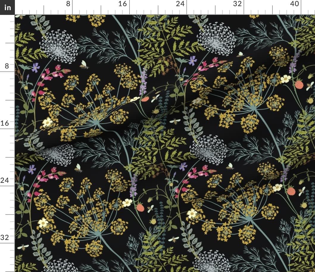 Spoonflower Fabric - Black Jumbo Botanica Black Green Flowers Leaves Floral Nature Plants Printed on Petal Signature Cotton Fabric by The Yard - Sewing Quilting Apparel Crafts Decor