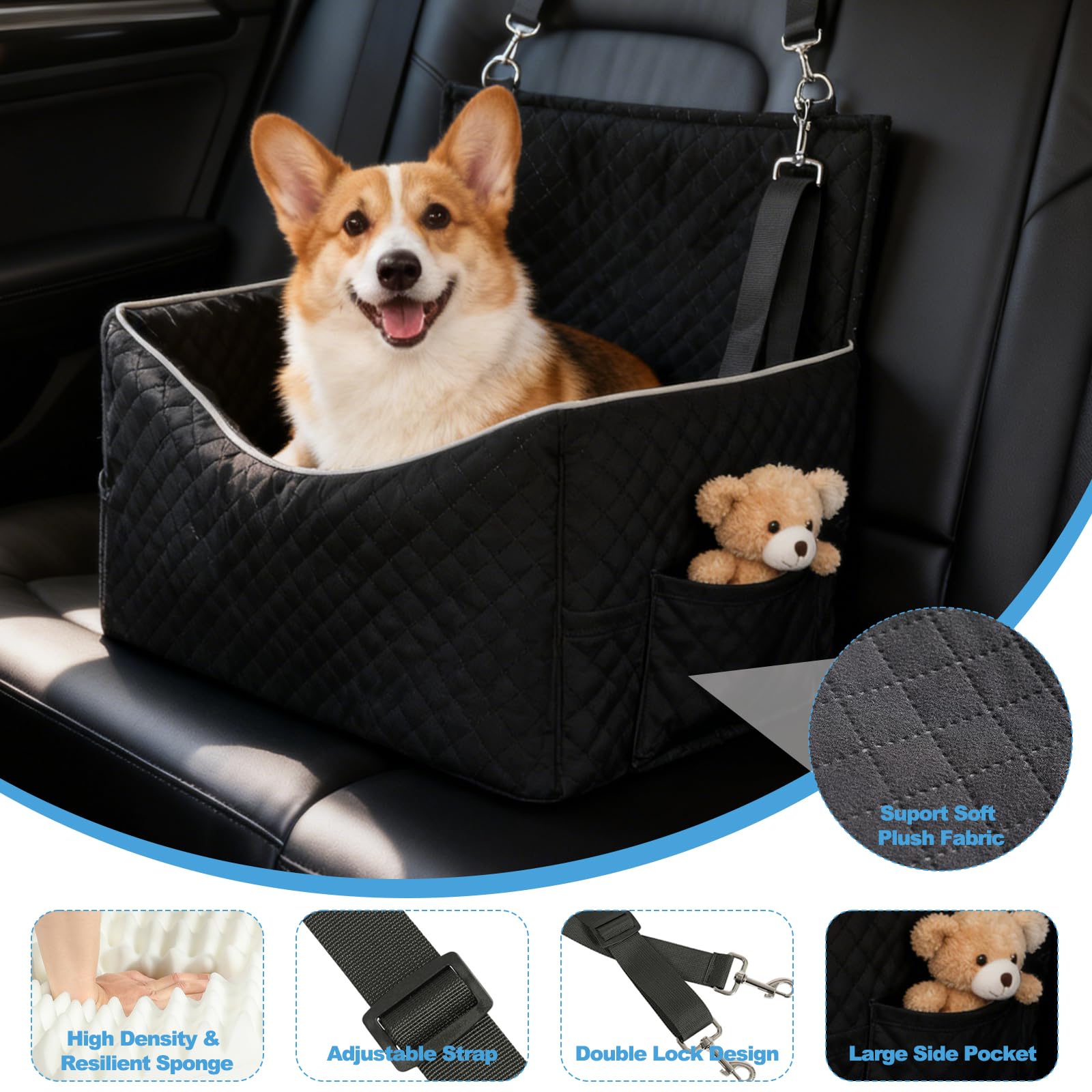 Asiento de Coche para Perros pequeños y medianos con Acolchado Grueso, Asiento Elevado para Perros de Menos de 15 kg, Asiento de Viaje para Perros extraíble y Lavable con 2 Cinturones de Seguridad