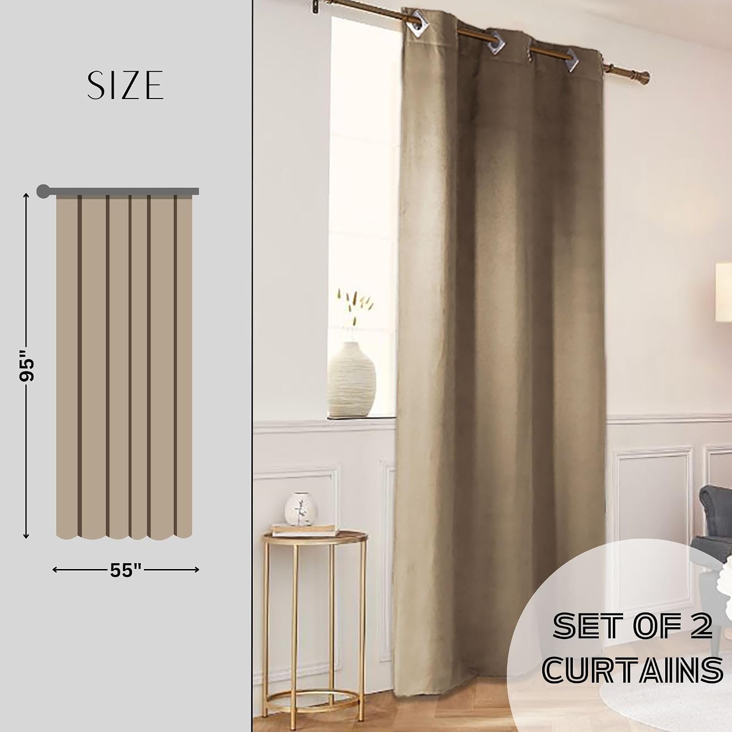 Set of 2 Warm Sand Suede Curtain Panels – Luxurious Soft Texture Drapery for Elegant Home Decor, 95x55 Inches Each