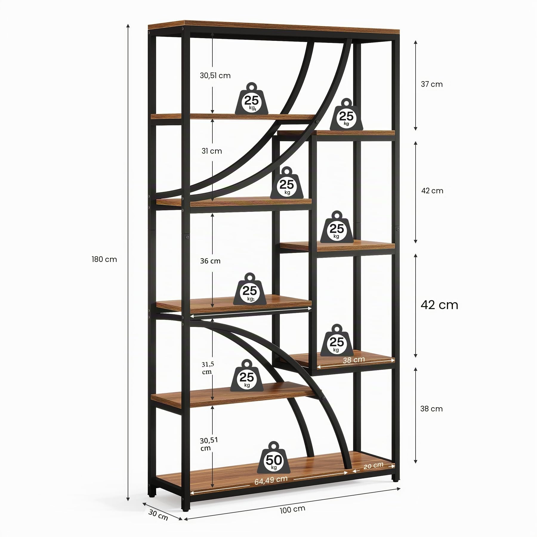 Tribesigns Estantería Alta 180 cm, Industrial Librería de 9 Niveles, Estanterías Geométricas Grandes con Balda Abierta, Estante Expositor Libre de Madera y Metal para Sala de Estar, Marrón y Negro