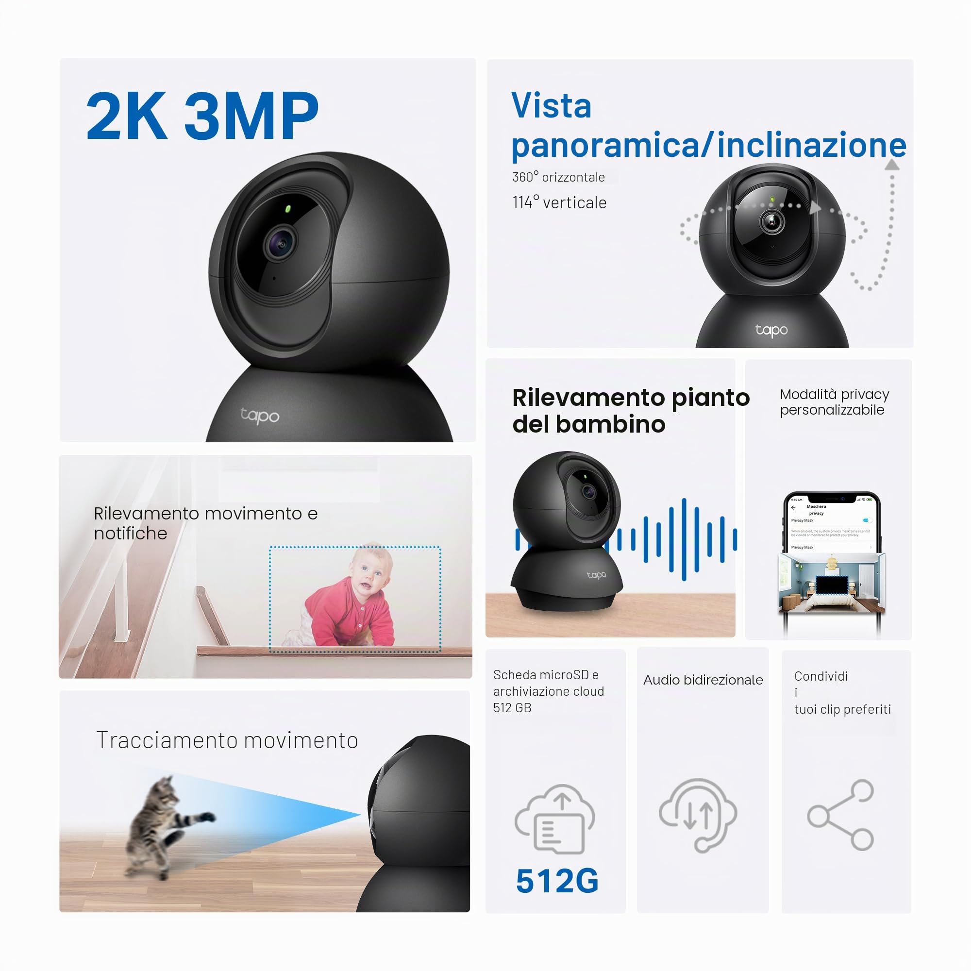 Tapo C211 2K 3MP Pan/Tilt Telecamera di sicurezza per interni, Telecamera WiFi, senza canone mensile, rilevamento AI, telecamera per cani, monitor per bambini, CCTV, visione a 360°, visione notturna