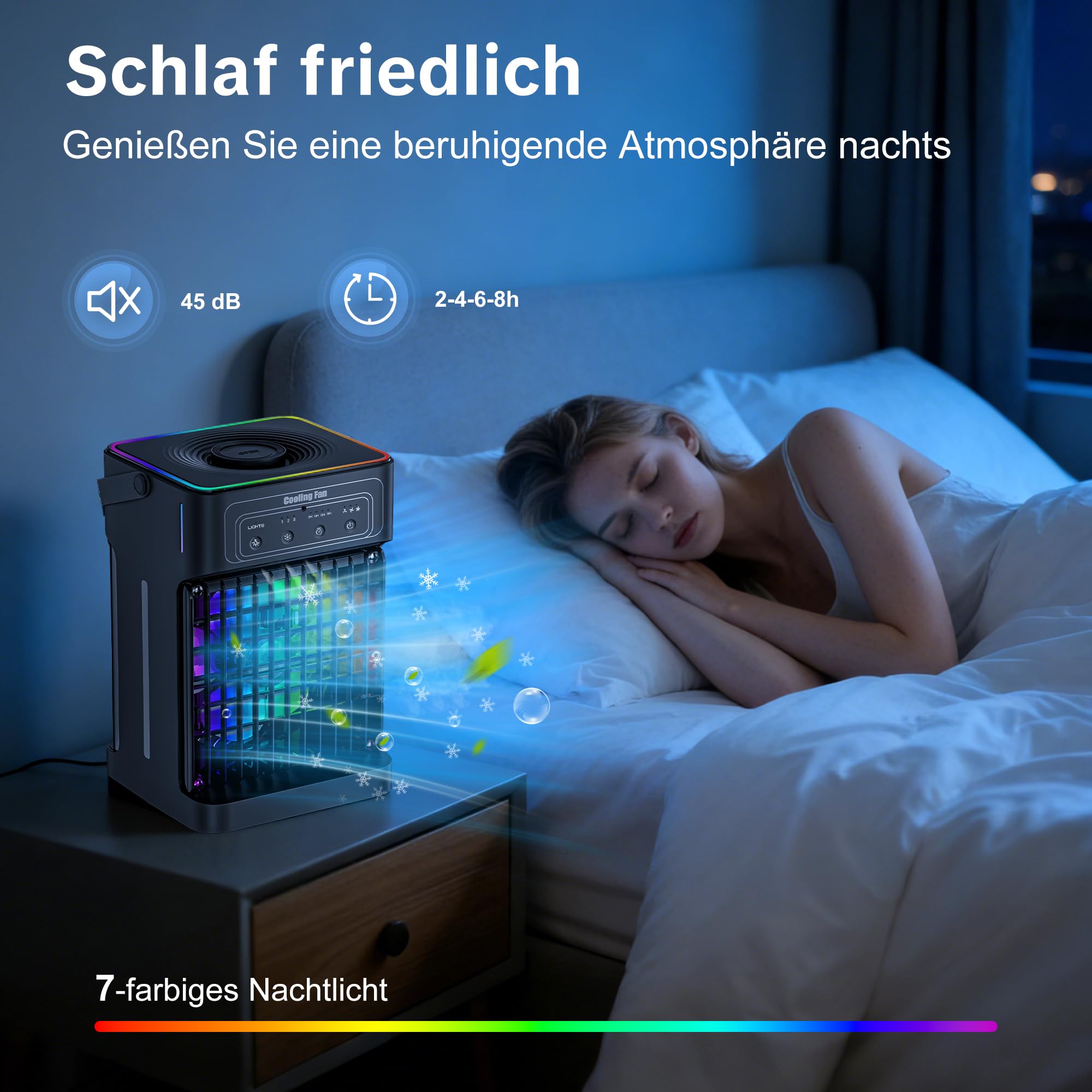Klimaanlage Mobil, 4-in-1 Mobile Klimaanlage, Ventilator mit Wasserkühlung 1100ml Wassertank, Air Conditioner mit 3 Windgeschwindigkeiten,7 Farben Licht 3 Sprühfunktion, 2-8H Timer für Schlafzimmer