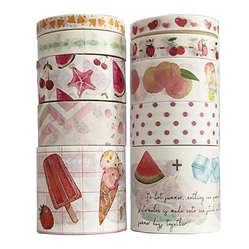 Juego de 10 rollos de cintas washi bonitas, diseños retro de frutas, multicolor, 0.197 in/0.315 in/0.591 in/1.181 in de ancho, artes, manualidades y