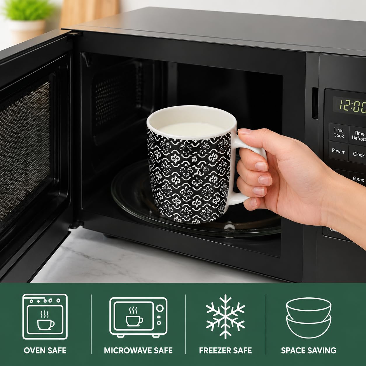 Okllen 6-pak 340 ml kubki do kawy geometryczne teksturowane, ceramiczne kubki do kawy stylowy zestaw kubków do herbaty prezent do latte, cappuccino, mleka, wody, kakao, płatków, czarno-białe
