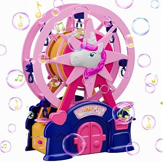 Bubble Machine Automatic Bubble Maker, Kids Ferris Wheel Bubble Maker Toys for with 3000+ Bubbles/min 120ml Solution Bubble Toys for Boys Girls Age 3+ Outdoor Indoor Parties（Pink Birthday Gift