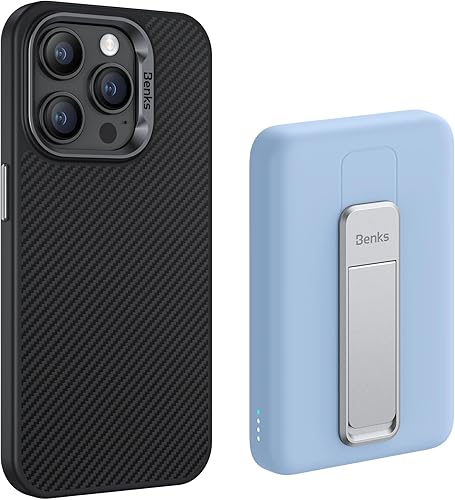 BENKS Funda para iPhone 15 Pro Max fabricada con fibra de aramida Kevlar 600D + banco de energía magnético MagClap StandGo de 10000 mAh
