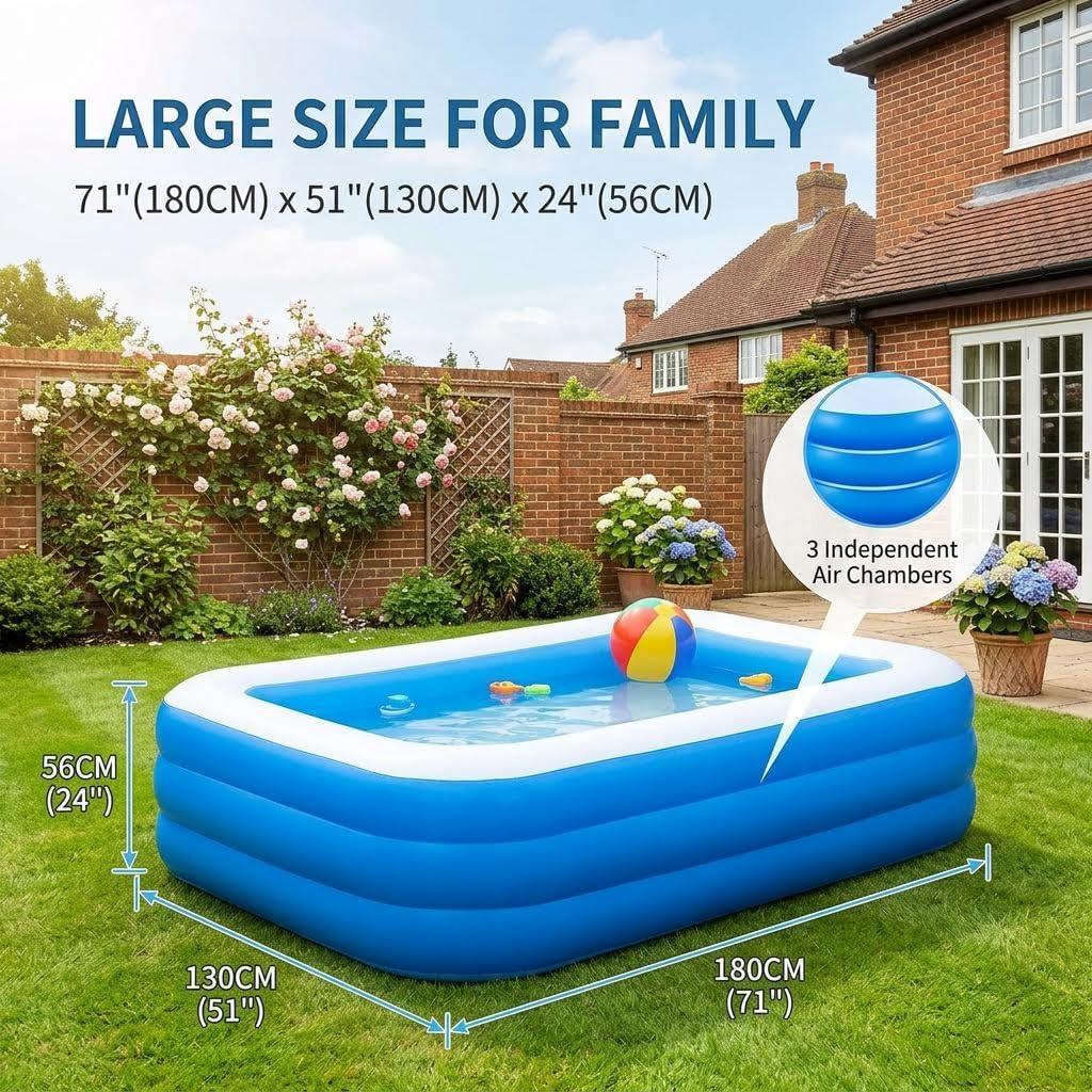 Inflatable Swimming Pool 71”×51”×24” Large Inflatable Pools, Blow Up Pools Durable Family Pool for Summer Water Party, Outdoor, Garden Backyard(180×130×56CM)