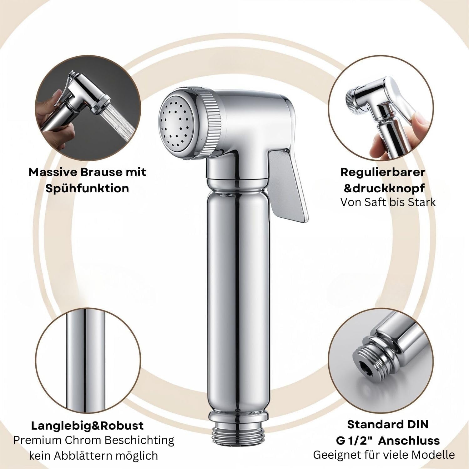 Douchette WC Bidet en Laiton Massif Chromé – Set Complet Soho Design avec Robinet d’arrêt Intégré, Flexible Métallique 120 cm, Montage G1/2”, Design Compact Moderne