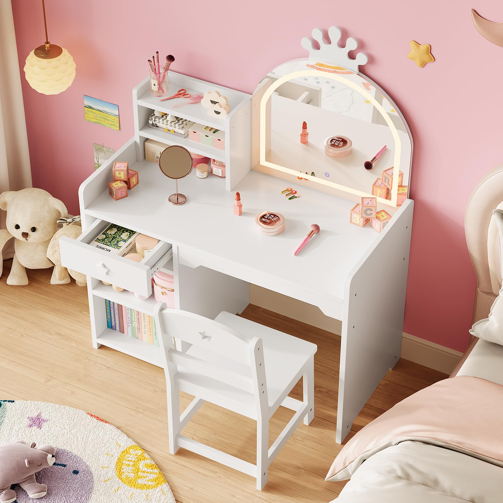 Tocador de Maquillaje Niña 2 en 1 con Tocador y Escritorio, Tocador de Maquillaje con Luz y Taburete, Luces LED, Espejos, Cajones y Estantes Abiertos