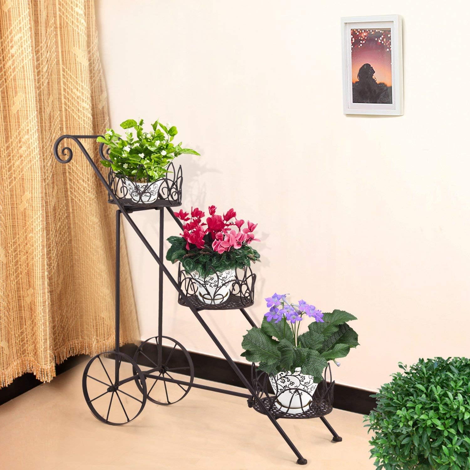 Homebeez 3-Tiered Scroll Plant Stand Decorative Metal Garden Patio Flower Pot (Black)