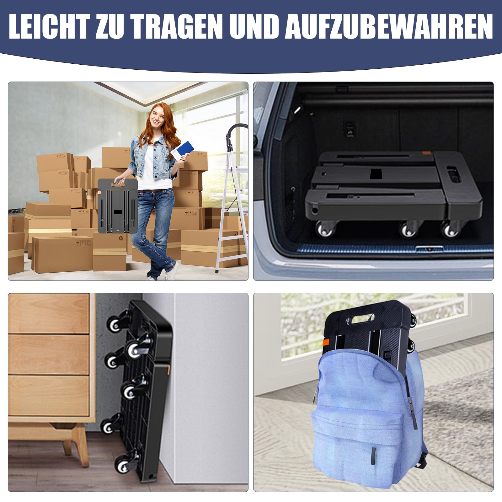 Sackkarre Klappbar, Transportwagen 200KG, Sackkarren Klappbare mit 6 Universal-Räder, Plattformwagen mit Verstellbarer Deichsel, 2 Flexibles Seil, für Gepäck, Einkaufen, Auto und Umzug, Schwarz