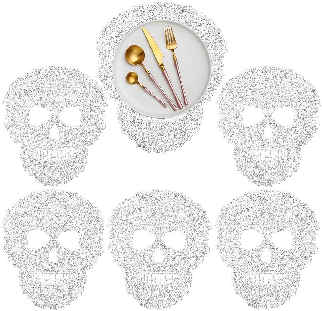 Hollow Out Skull Shape Placemats Pressed Vinyl Metallic Placemats Set of 6 Pcs, Heat Resistant Table Mats for Party Halloween Dinner Table Decorations, Style B Mixed Color