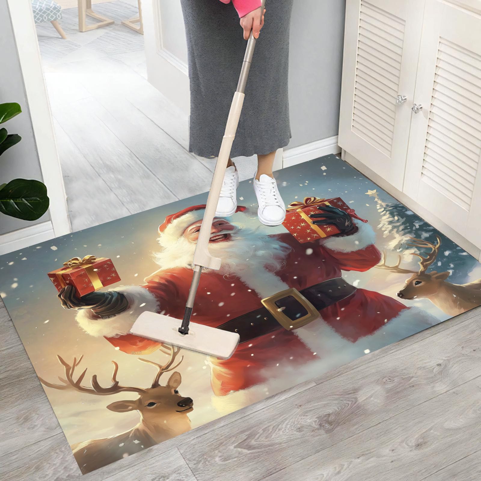 Felpudo De Navidad, Alfombra Papá Noel Retro para Entrada Casa 80X120Cm, Alfombra De Puerta De Entrada, Felpudos Lavables Patrón De Renos De Invierno Azul Grisáceo, Decorativo Casa